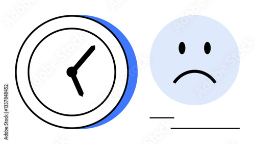 Analog clock paired with sad face highlights stress, time management challenges, and emotional strain. Ideal for deadlines, workplace pressure, mental health, productivity, burnout, emotional