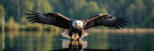 Majestic bald eagle landing on serene lake with wings spread wide in golden light