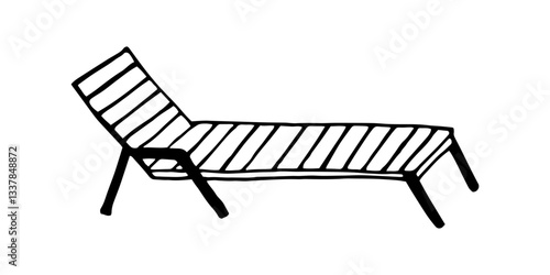 Beach lounger isolated on white background. Abstract summer Vector image of a sun lounger for relaxation at sea. Black and white doodle sketch.