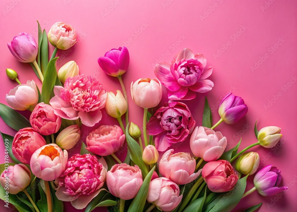 Obraz premium Spring Floral Flat Lay: Pink Gradient Peonies & Tulips