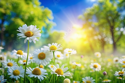 Spring Meadow: Blooming Chamomile, Sunny Sky, Blurred Background