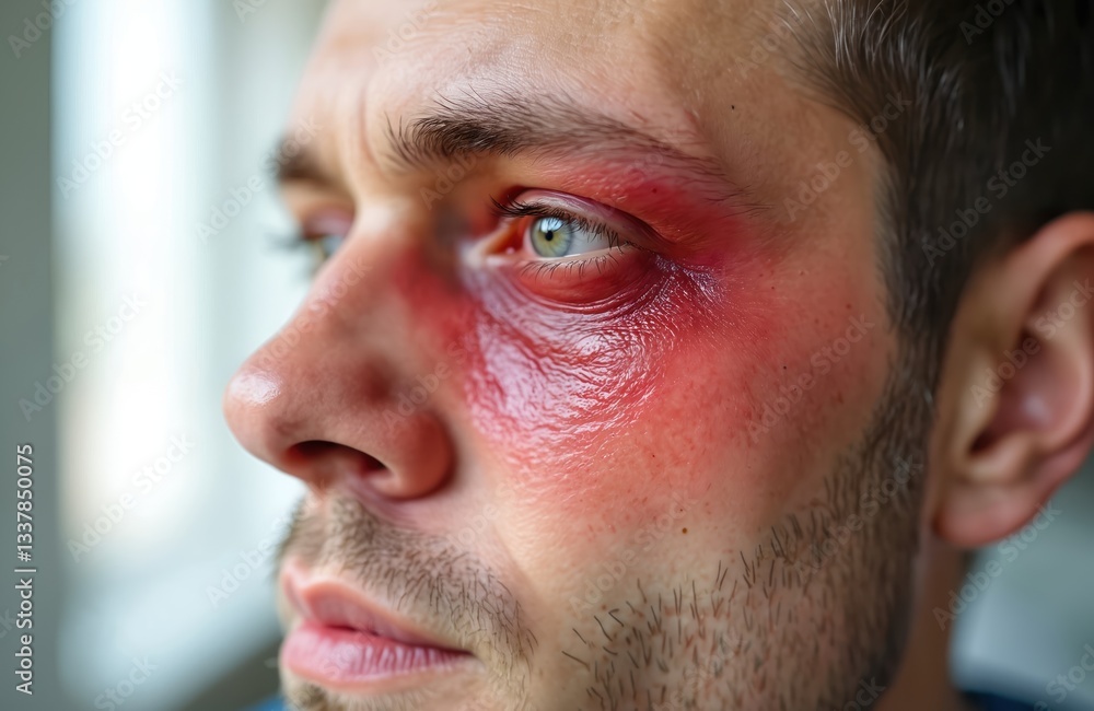 Close-up of man face with red swollen eye and eyelid due to insect bite allergy reaction. Male has painful swelling around eye, unhealthy skin. Medical photo about health problems. Close-up of man face with red swollen eye and eyelid due to insect bite allergy reaction. Male has painful swelling around eye, unhealthy skin. Medical photo about health problems.