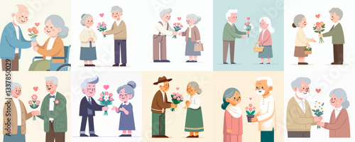 Grandpa giving a flower to grandma. World Grandparents Day