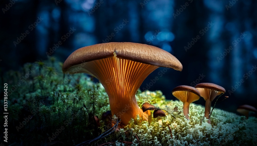 Fototapeta premium bioluminescent mushrooms in the dark of the forest brown fungal growth