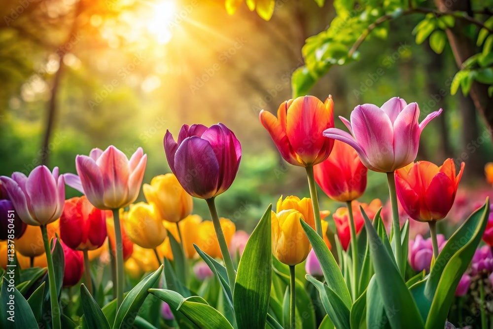 Obraz premium Spring Tulips in Sunlit Garden - Vibrant Bloom Photography