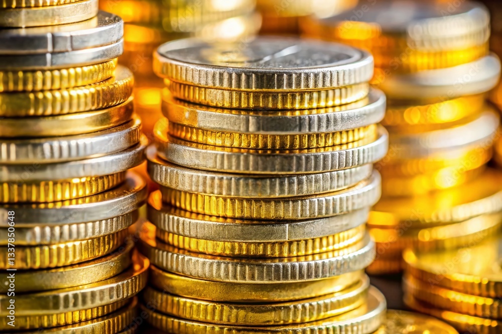 Stacked Coins: Yellow & White Metal Currency Close-Up Portrait Stacked Coins: Yellow & White Metal Currency Close-Up Portrait