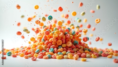 Exploding fruity colorful cereal pebbles rings with flying pieces isolated on white background. Vibrant breakfast food composition with depth of field, playful dynamic mood. Sweet, photogenic snack.