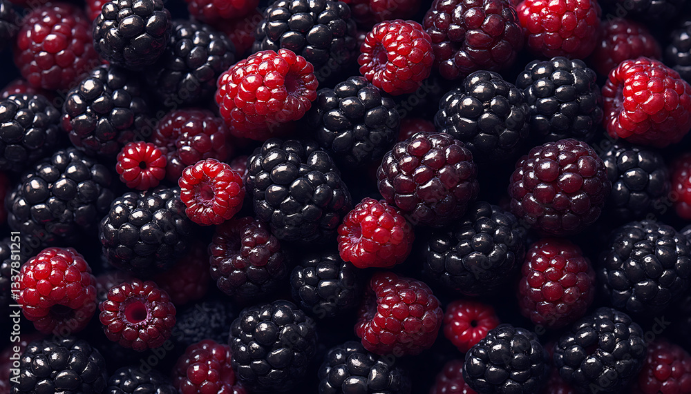 Close-up texture of fresh blackberries and raspberries showcasing vibrant colors and details Close-up texture of fresh blackberries and raspberries showcasing vibrant colors and details