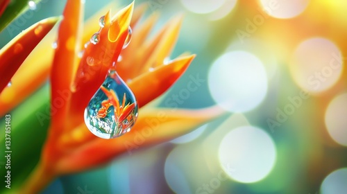 Wallpaper Mural Sparkling water droplet on a floral garland, radiating joy and freshness in a tropical setting. Torontodigital.ca