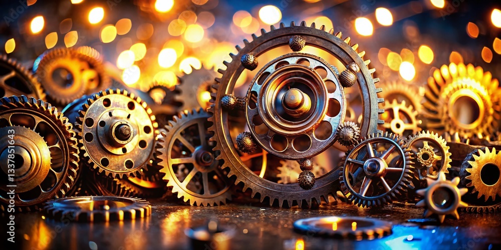 Fototapeta premium Steampunk Gears: Bokeh Industrial Art Photography - Elegant Machinery Closeup