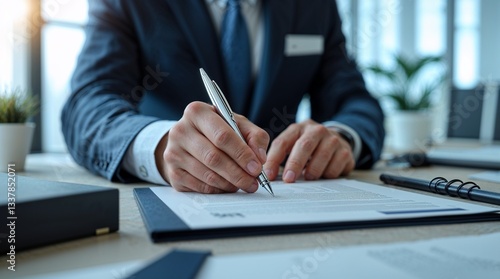 Businessman signing a contract with a pen on the table during agreement conclusion