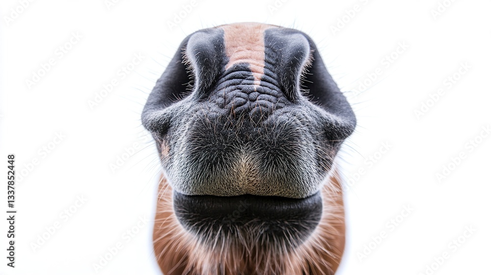 Fototapeta premium A comical close-up of a horse oversized nose, exaggerated by a wide-angle lens, nostrils flared, isolated against a pure white background, playful portrait shot. 