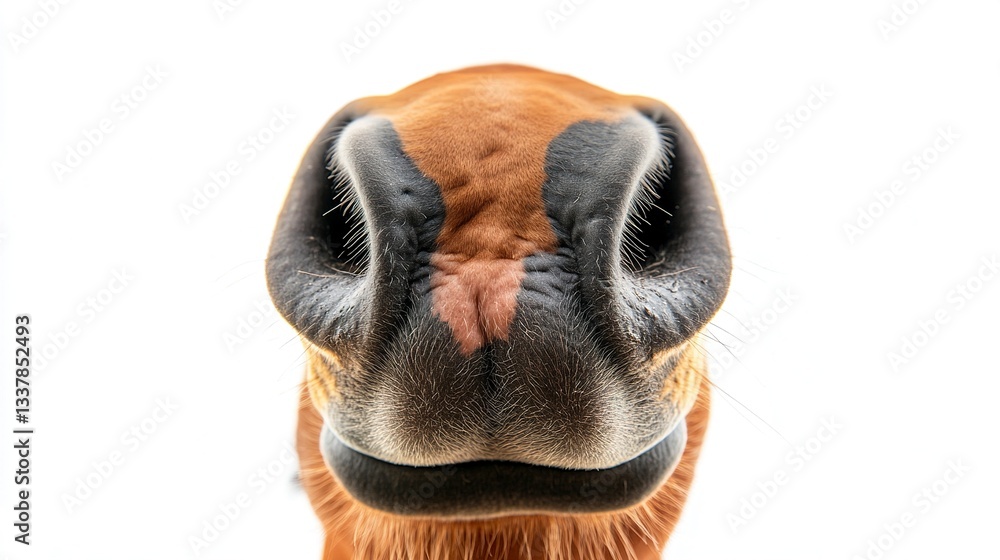 Fototapeta premium A comical close-up of a horse oversized nose, exaggerated by a wide-angle lens, nostrils flared, isolated against a pure white background, playful portrait shot.