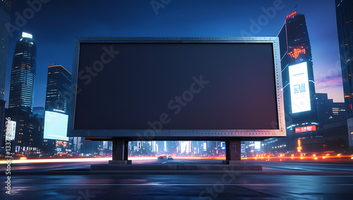 Large blank billboard middle city night is illuminated horizontal advertising