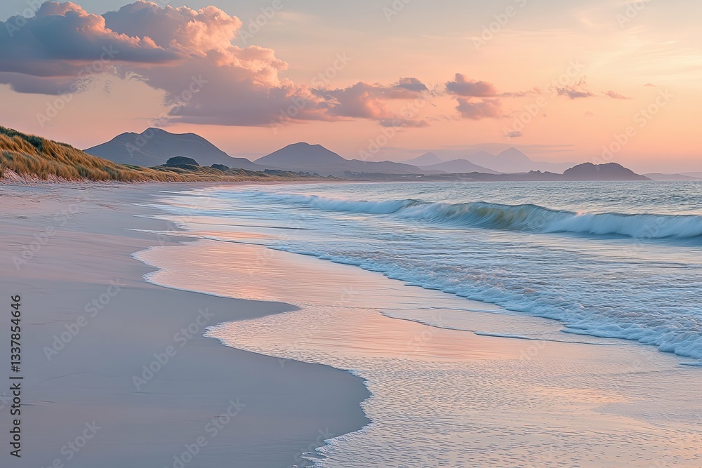 Fototapeta premium A tranquil beach scene with mountains and pink sunset clouds