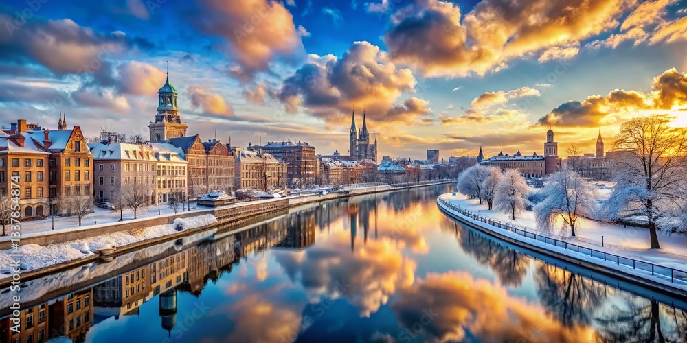 Fototapeta premium Stunning Winter City Skyline: River, Blue Sky & Wanderlust Travel Photography