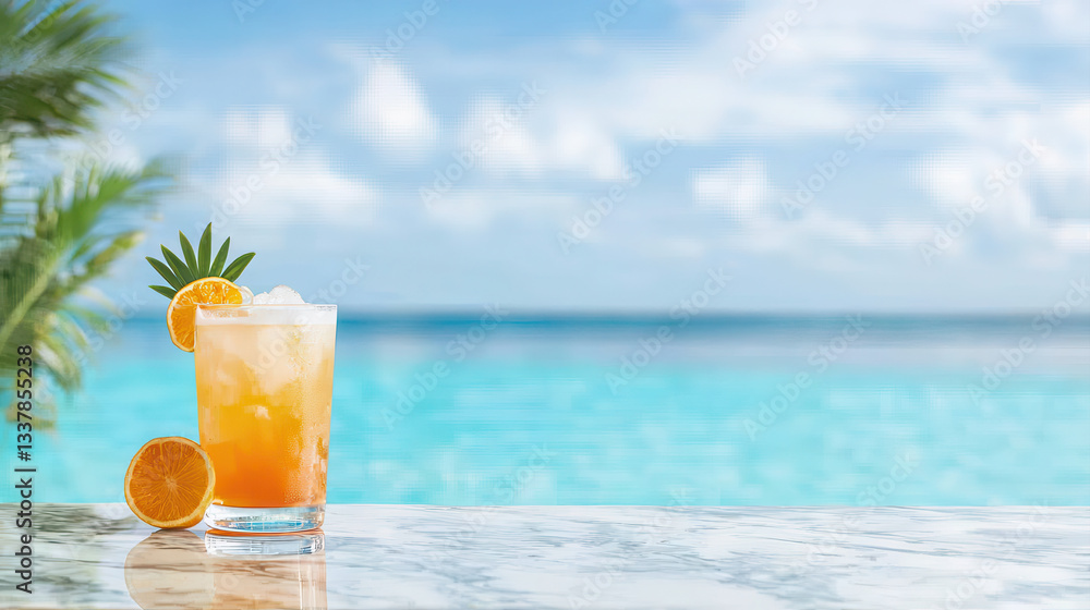 Refreshing cocktail with orange and pineapple by infinity pool Refreshing cocktail with orange and pineapple by infinity pool