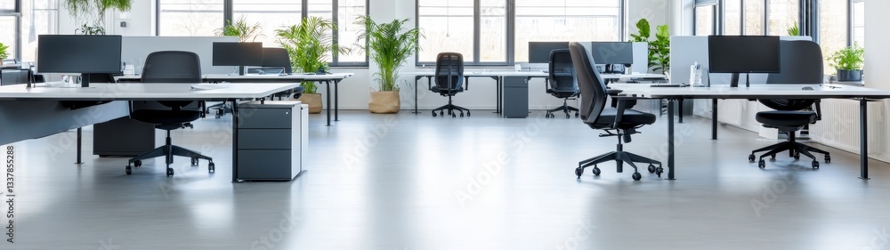 Modern Office Space with Desks, Chairs, and Green Plants Interior Modern Office Space with Desks, Chairs, and Green Plants Interior