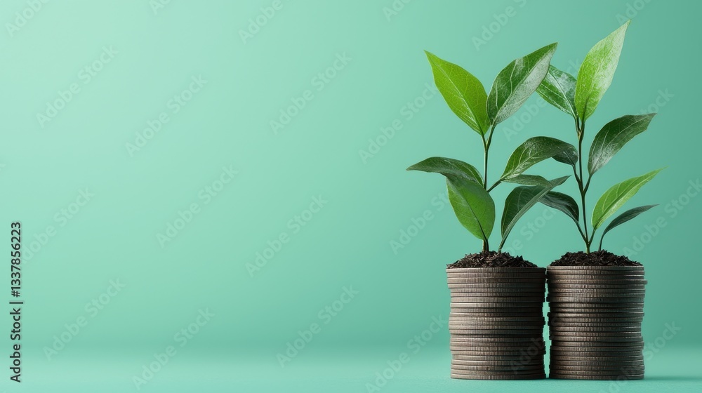 Plant growing on stack of coins, investment and saving money concept. Copy space. Plant growing on stack of coins, investment and saving money concept. Copy space.