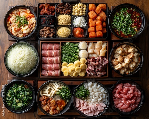 A top-down view of a beautifully arranged hot pot meal, featuring a variety of ingredients on wooden trays, with space for promotional content