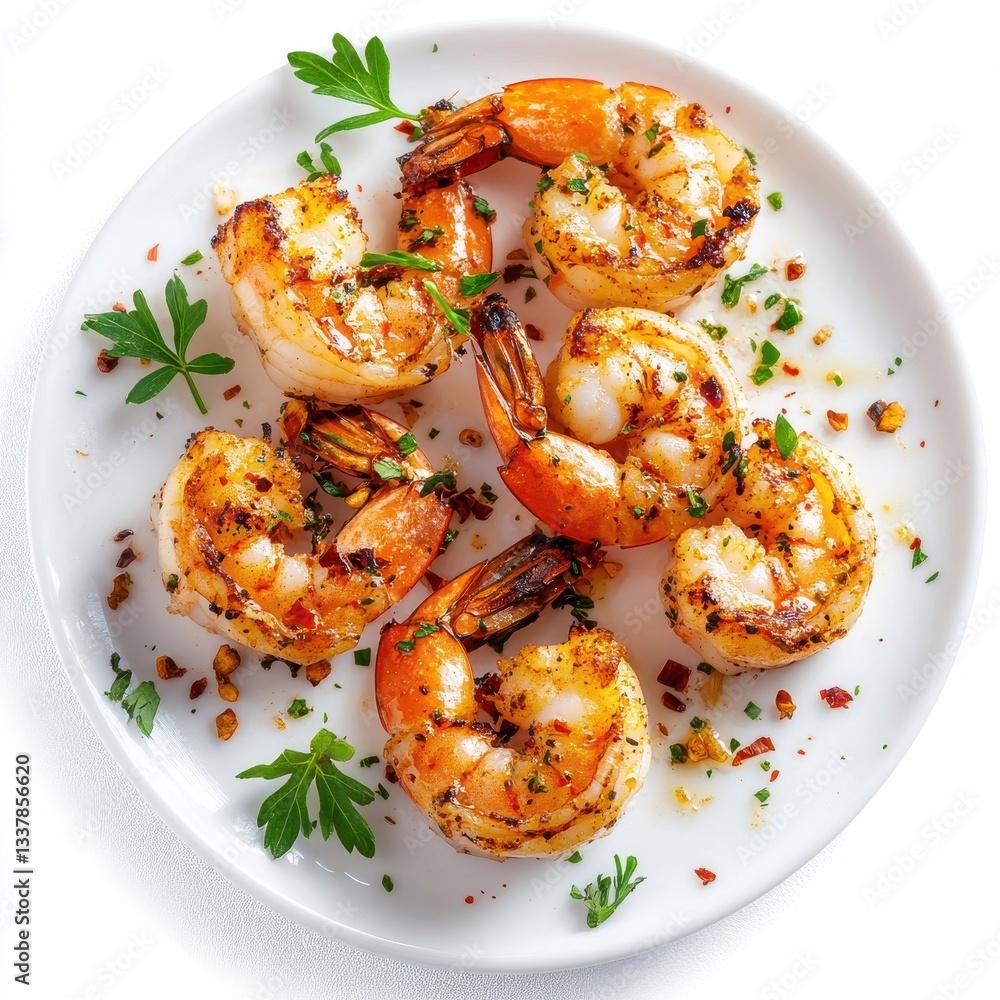 Grilled shrimp flying, spices and herbs, isolate on white background. cutout png. Grilled shrimp flying, spices and herbs, isolate on white background. cutout png.