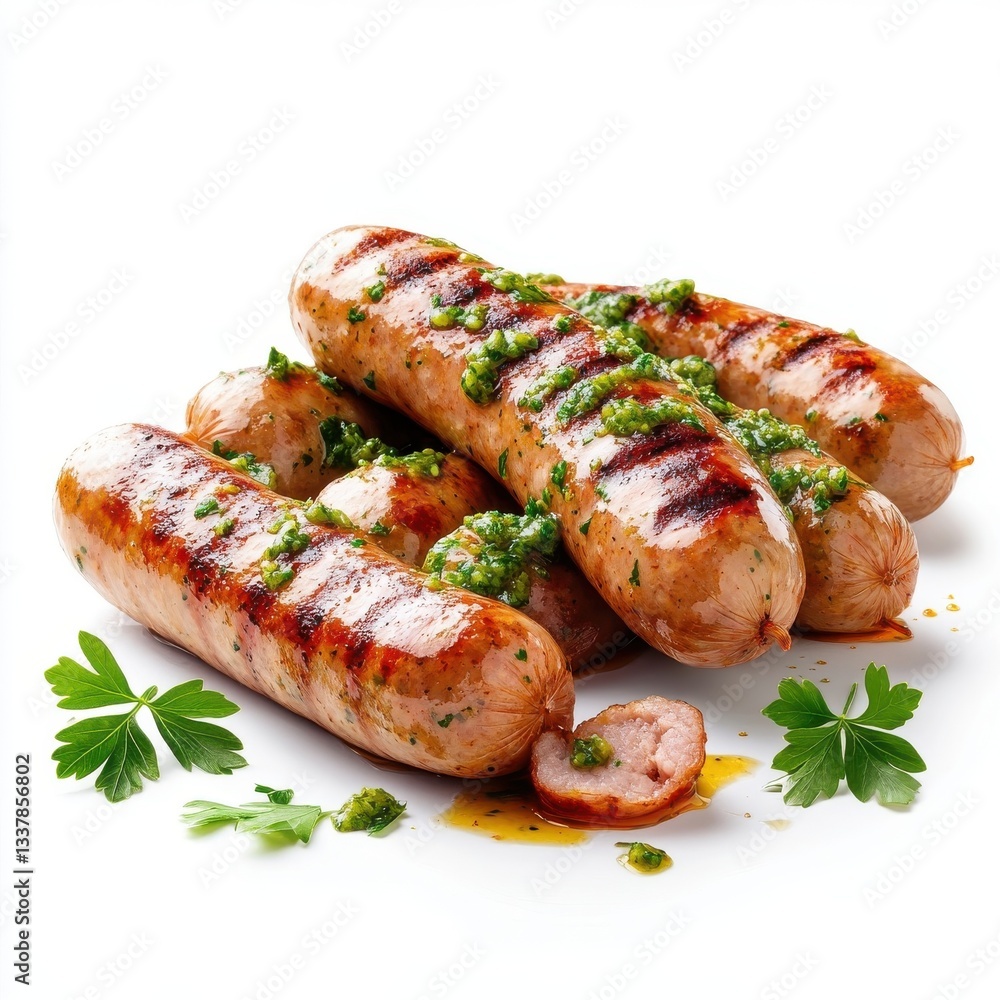Grilled sausages splashing, green chutney sauce, isolate on white background. cutout png. Grilled sausages splashing, green chutney sauce, isolate on white background. cutout png.