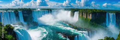 Majestic waterfall cascade over lush cliffs under a vibrant blue sky and billowing clouds