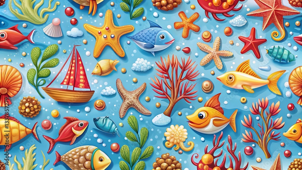 Naklejka premium Summer Seascape Pattern: Squid, Fish, Sailboat, Starfish & Coral Illustration