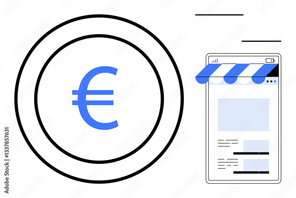 Euro currency sign inside a circle alongside a digital storefront page with a striped awning. Ideal for online sales, e-commerce, digital finance, business, payment, shopping, globalization. Clean Euro currency sign inside a circle alongside a digital storefront page with a striped awning. Ideal for online sales, e-commerce, digital finance, business, payment, shopping, globalization. Clean