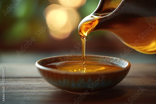 A close-up of sesame oil being poured into a small ceramic bowl, with a blurred background and room for advertising text