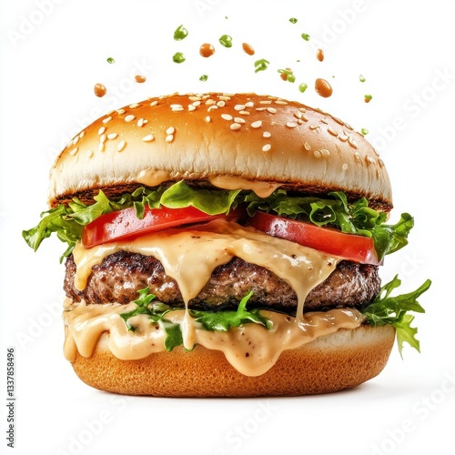 Hamburger splashing, mayonnaise, isolate on white background. cutout png.