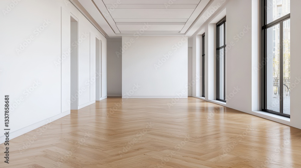 Fototapeta premium Empty room with wood floor and large windows. Concept of real estate, interior design, and architecture.