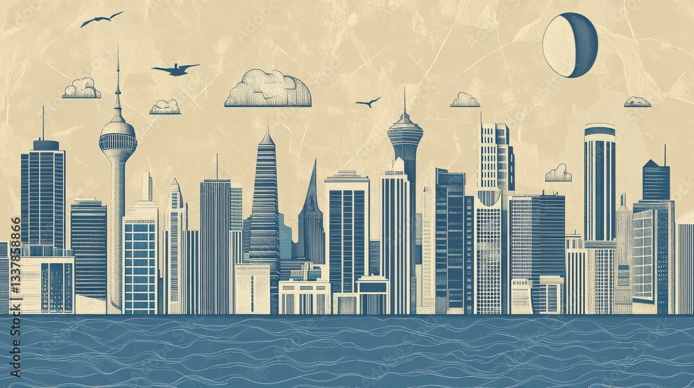 Fototapeta premium Stylized Cityscape at Dusk Urban Skyline Illustration