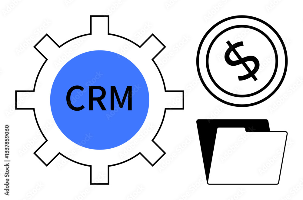 Cogwheel labeled CRM, a dollar sign coin, and a folder signify customer relationship management, revenue tracking, and data organization. Ideal for business, finance, data, teamwork planning Cogwheel labeled CRM, a dollar sign coin, and a folder signify customer relationship management, revenue tracking, and data organization. Ideal for business, finance, data, teamwork planning