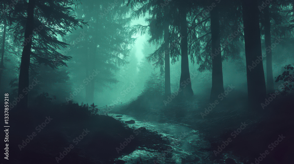 Obraz premium Misty forest stream flows through dark, tall trees.