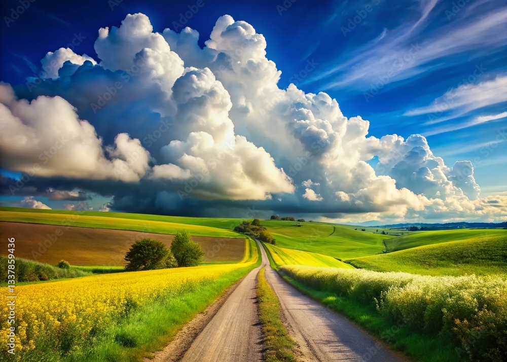 Obraz premium Sunlit Rural Landscape: Puffy Clouds, Yellow Flowers, Dirt Road, Hillside