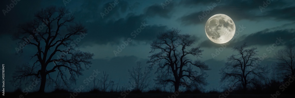 Fototapeta premium Enigmatic moonlit landscape with silhouetted trees against a dramatic night sky
