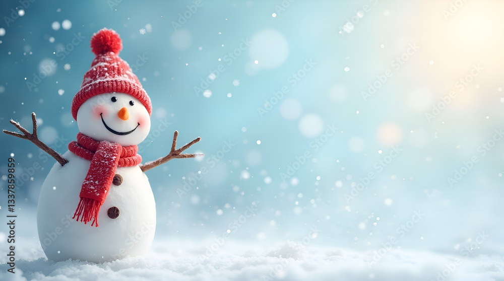 Adorable Snowman with Winter Hat and Scarf in Snowy Background