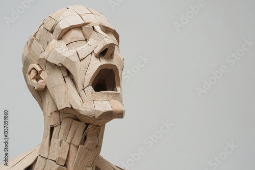 Wooden sculpture with exaggerated proportions, figure is in agony
