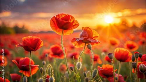 Sunset Poppy Field: Vibrant Red Flowers at Golden Hour