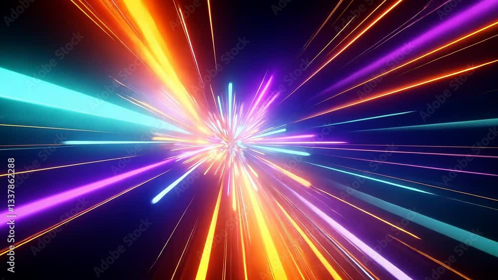 Abstract speed lines radiating outward from a central point, vibrant colors of orange, teal, and purple