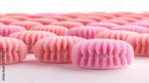 A close-up view of numerous pink hair rollers arranged neatly, showcasing their fluffy texture and rounded shape.