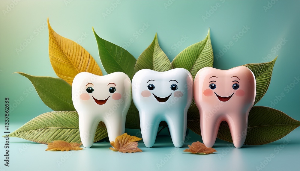 Obraz premium cute cartoon teeth with smiling faces and leaves in pastel colors
