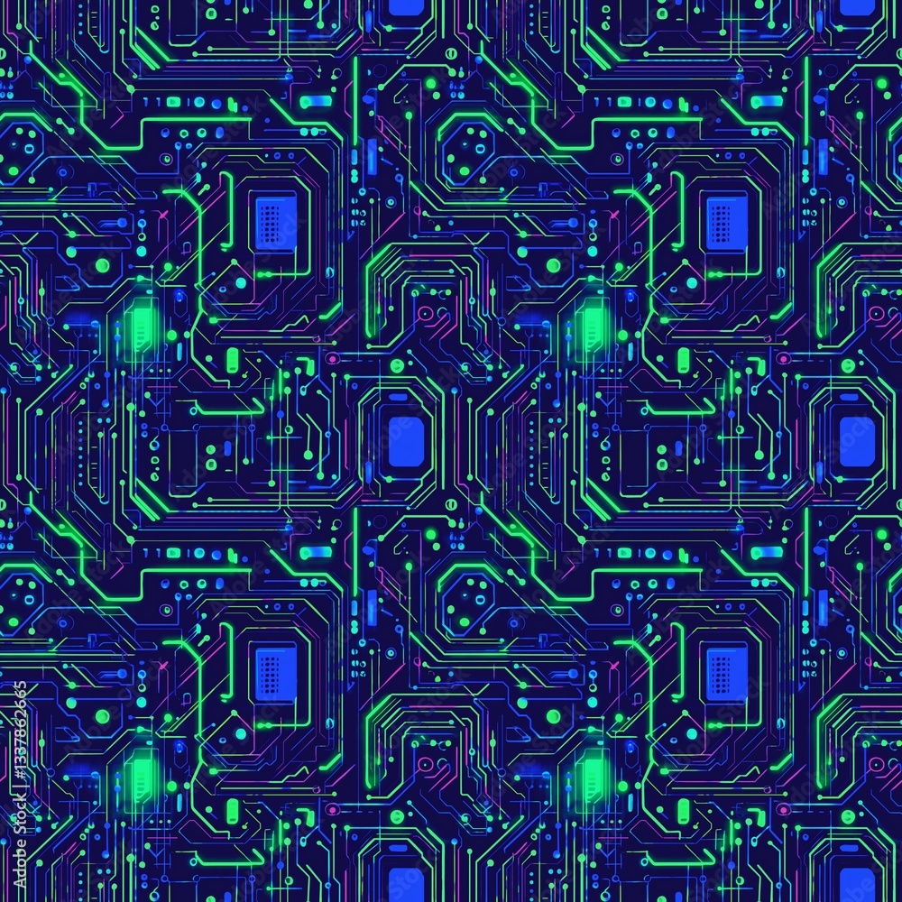 Futuristic Circuit Board with Neon Glow and Intricate Design seamless pattern. Futuristic Circuit Board with Neon Glow and Intricate Design seamless pattern.