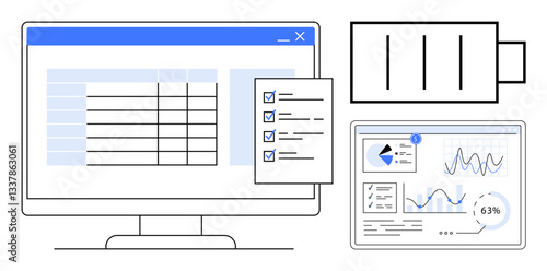 Desktop displaying spreadsheet, progress charts, checklist with completed tasks, and battery icon. Ideal for workflow management, productivity, analytics, efficiency, progress tracking energy