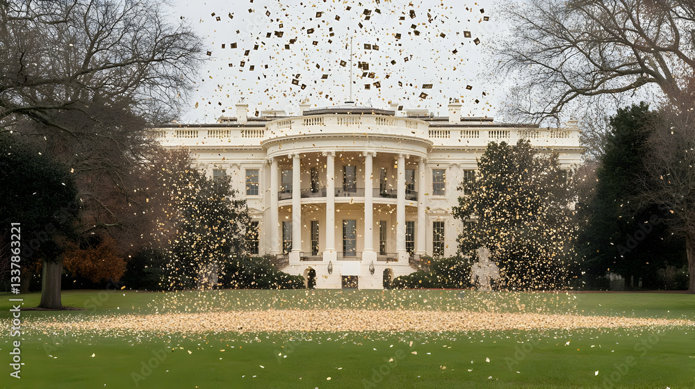 Obraz premium White House Exterior With Gold Confetti