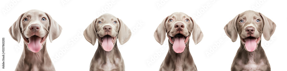 Fototapeta premium Four friendly and cheerful weimaraner dogs posing for individual portraits against a plain white background
