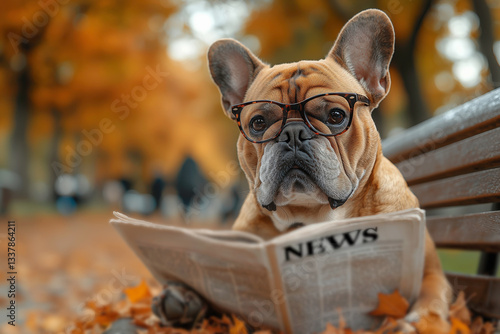 Bulldog Wearing Glasses Reading a Newspaper in an Autumn Park