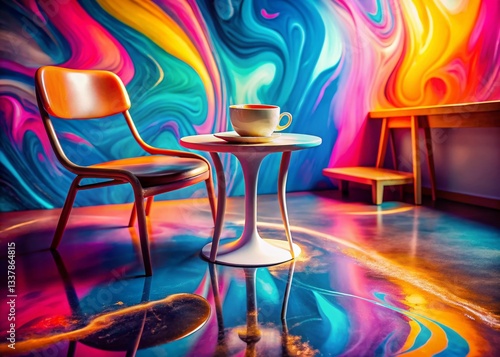 Surreal Coffee Shop Scene: Melting Chair & Table, Dreamlike Atmosphere