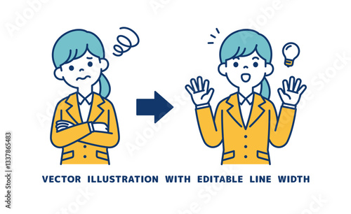 悩みを解消する方法を思いついた、若い女性会社員のベクターイラスト素材＿線幅の編集可能